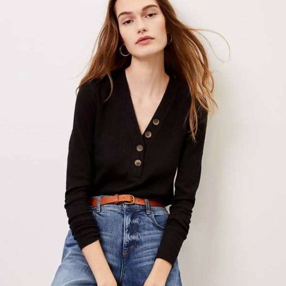 LOFT Sweaters - XL Loft Black Ribbed Henley